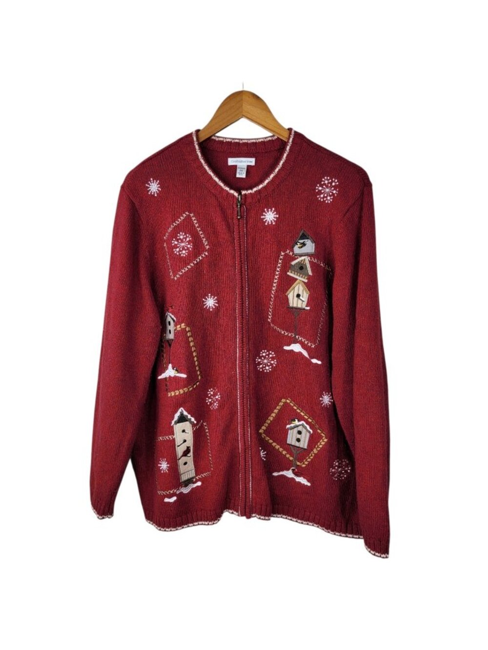 Croft Barrow Cardigan Sweater Plus 2X Embroidered Winter Holiday Birdhouse Birds